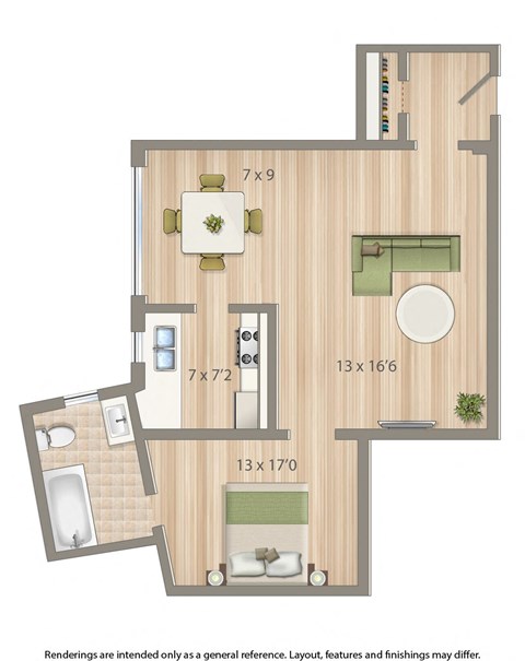 Floor plan for studio, 1 bath, 516 sqft